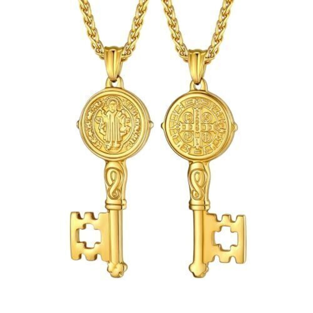 6989 18K Gold Plated Chain Christian St Benedict Medal Key Pendant Necklace